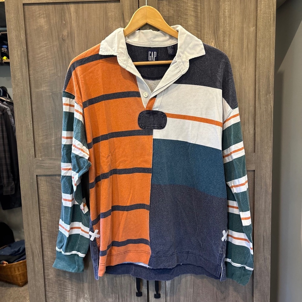 Vintage Gap Mens Rugby Shirt Colorblock Striped Long Sleeve Cotton Small
